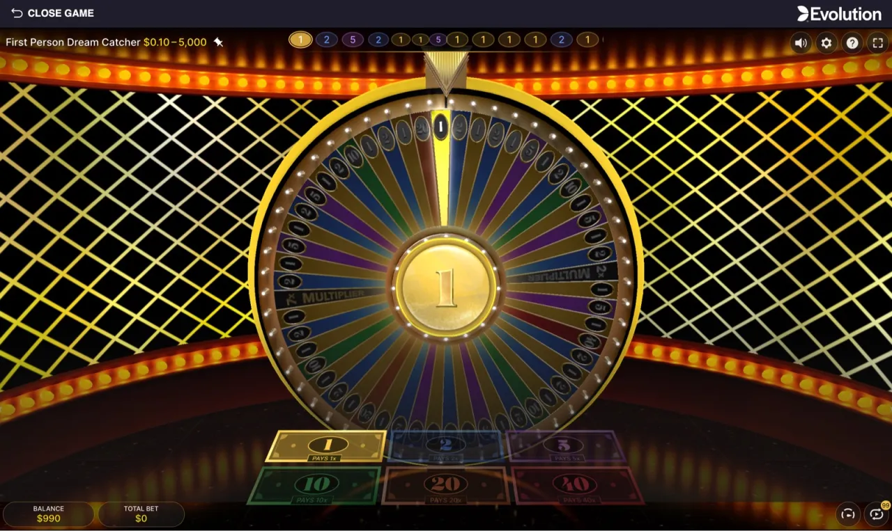 An early spin settling on a 1, with the history strip already filling with 1s and 2s