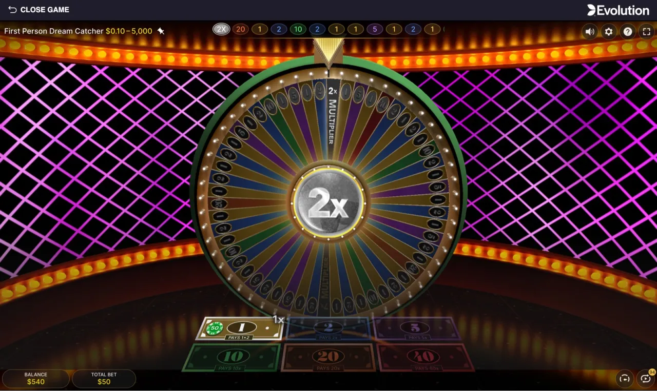 The 2x multiplier segment landing with $50 on the 1, all bets carried to a re-spin at doubled value