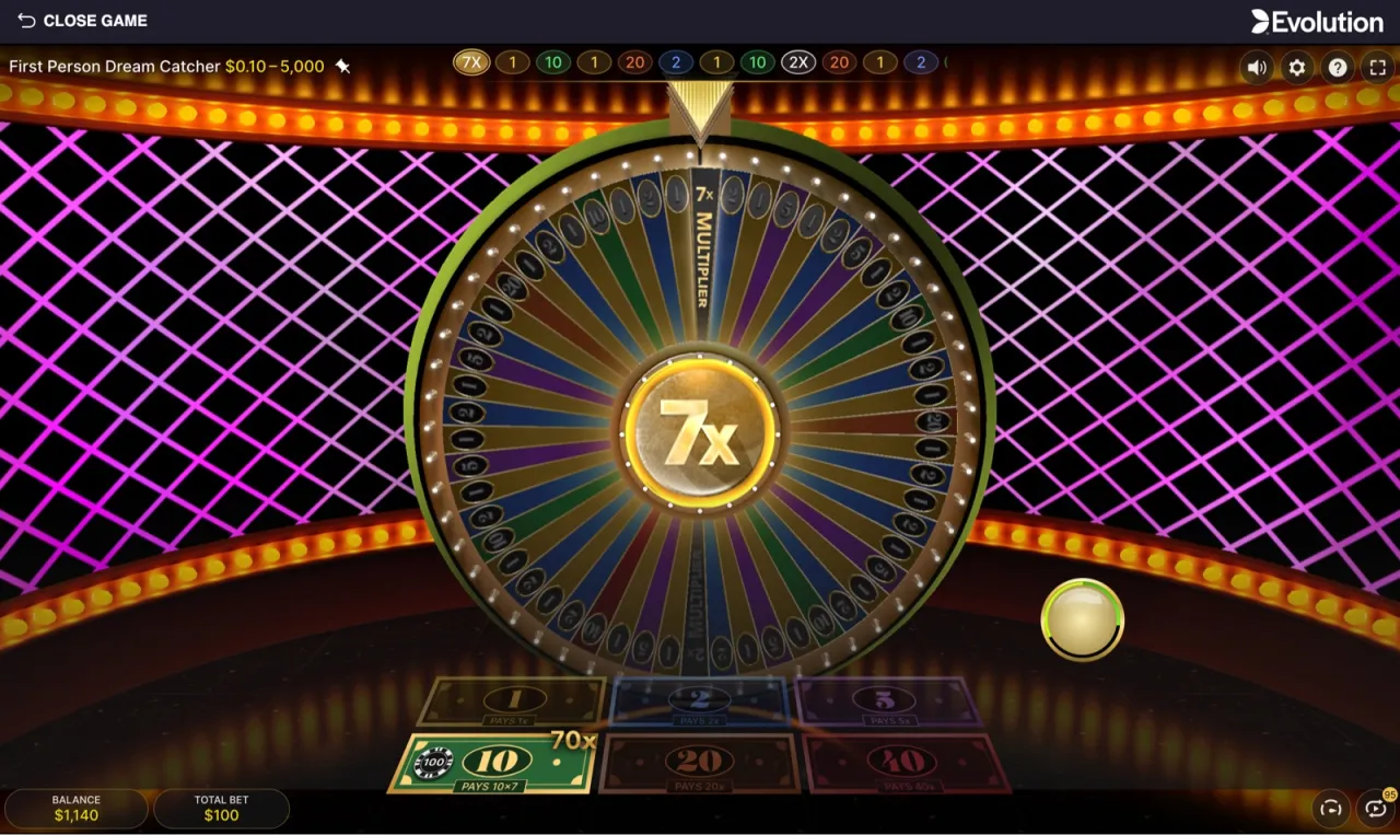 The 7x multiplier landing with $100 on the 10, lighting that bet spot at 70x for a potential $7,000