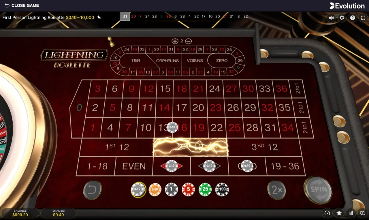 The European single-zero wheel with the betting grid and racetrack overlay, a Lightning bolt cracking through the layout, balance $999.20 at session start