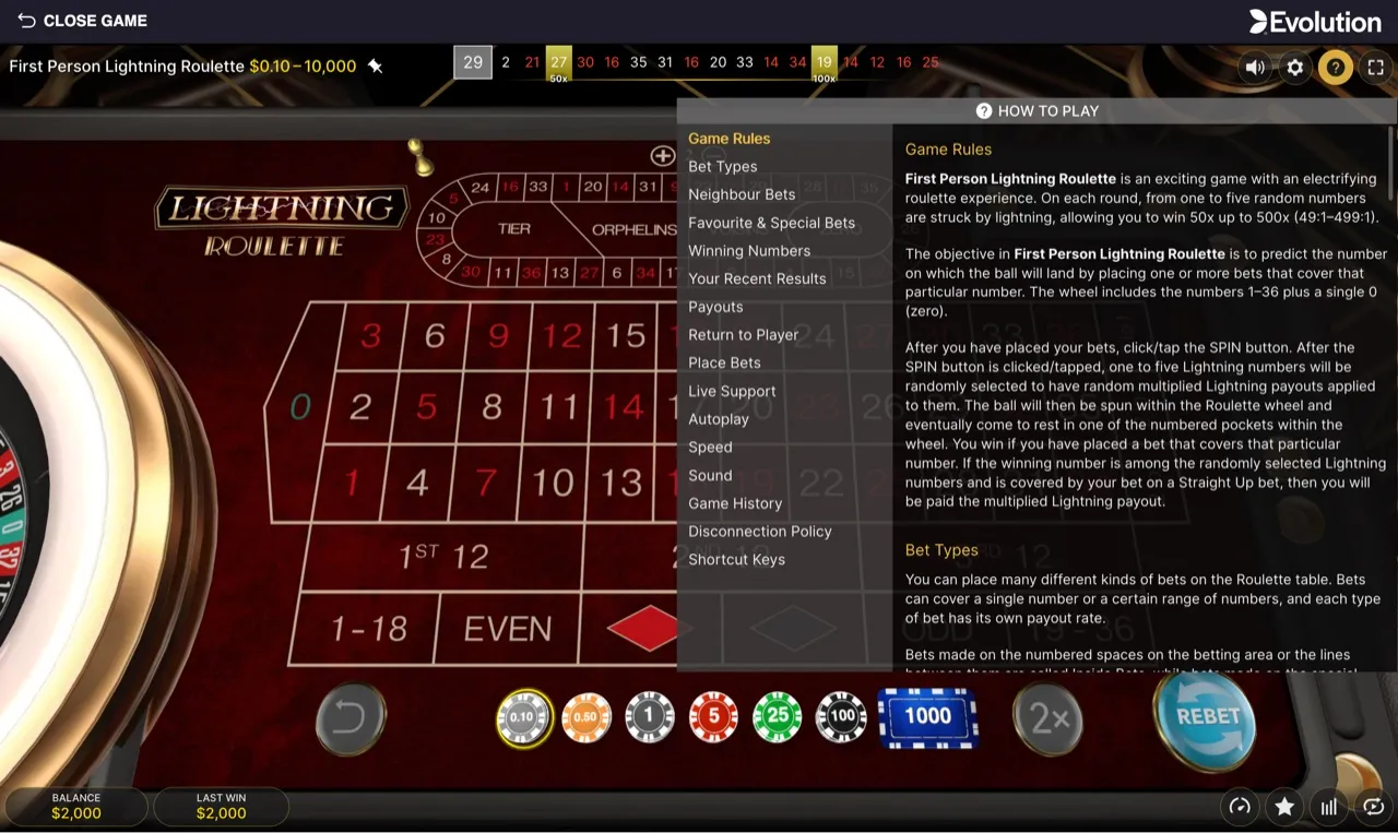 The in-game HOW TO PLAY panel showing 1 to 5 random Lucky Numbers per round with multipliers from 50x up to 500x, paid only on Straight Up bets
