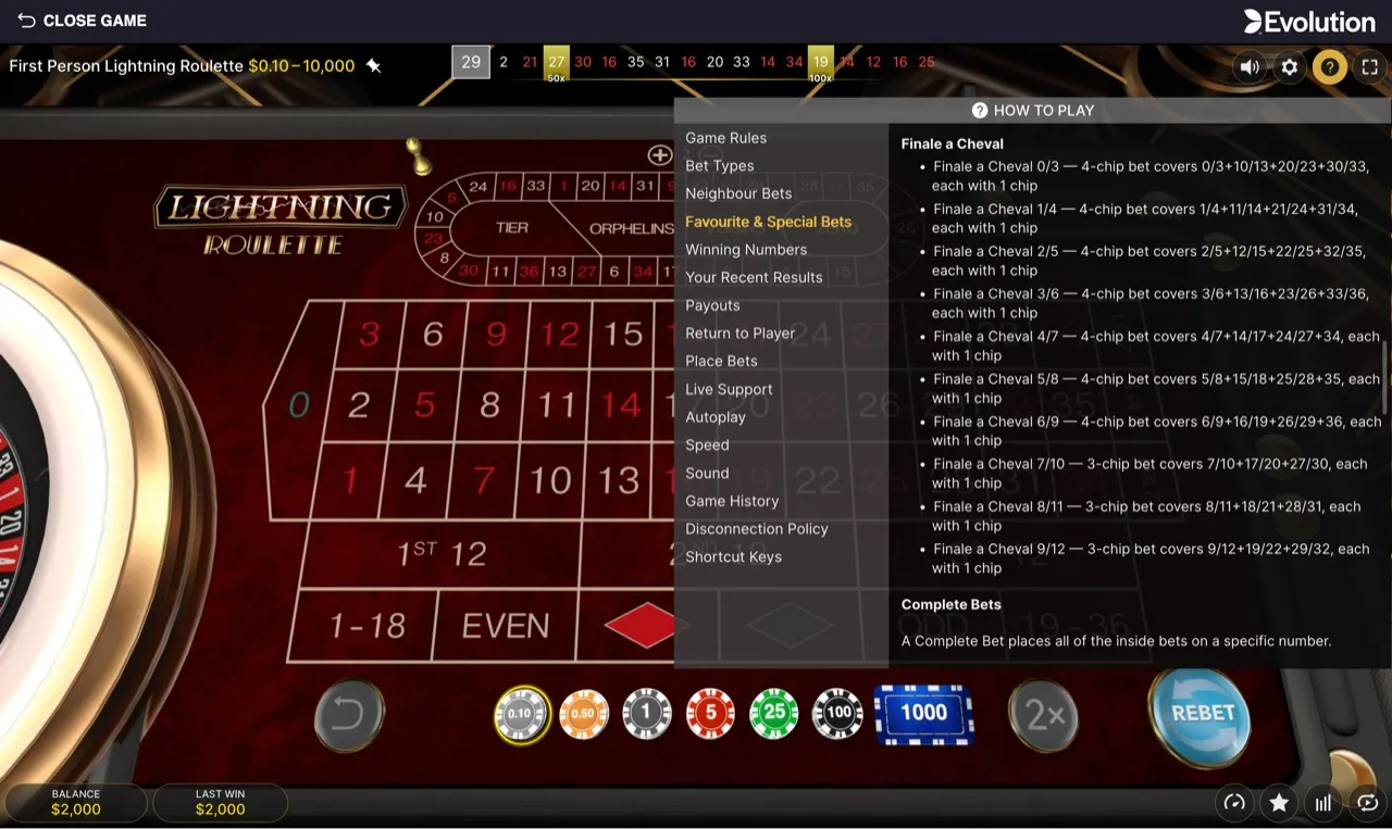 The HOW TO PLAY favourite and special bets screen, including Finale en Plein, Finale a Cheval and Complete bets