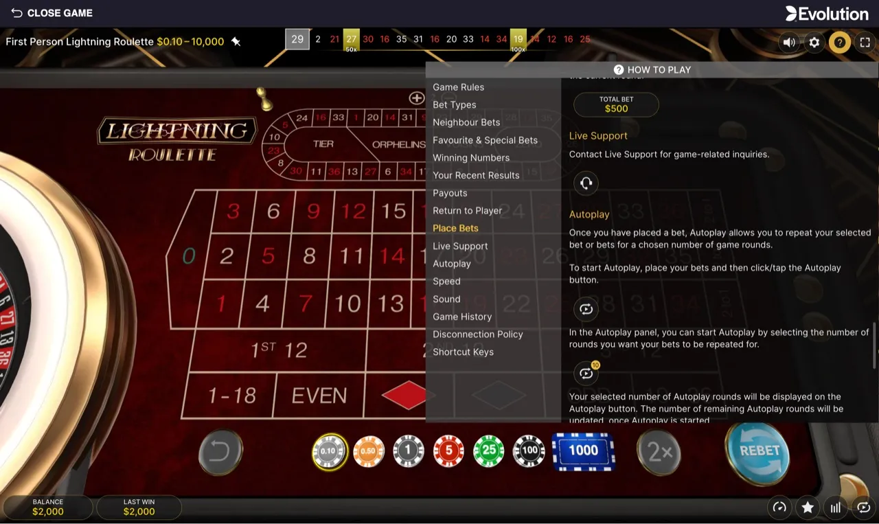 The HOW TO PLAY screen explaining place bets and Autoplay, which can repeat a bet for a set number of rounds