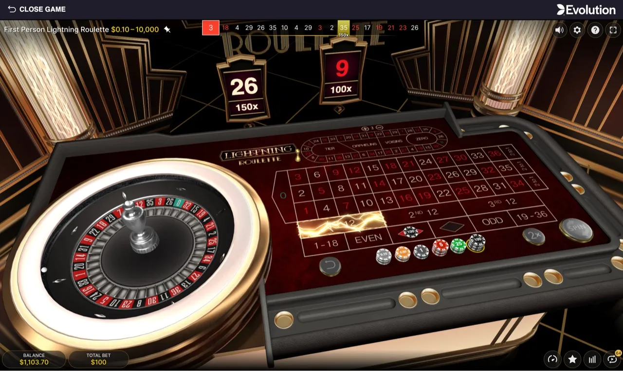 At $100 stakes, Lightning multiplier cards for 26 at 150x and 9 at 100x lit above the wheel, balance $1,103.70