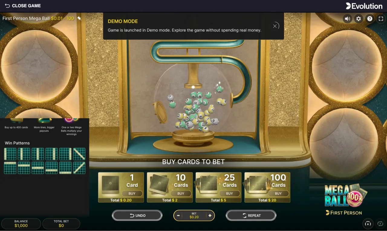 First Person Mega Ball loaded showing the Win Patterns chart, the buy panel up to 400 cards, the 100x corner badge, and a $1,000 balance.
