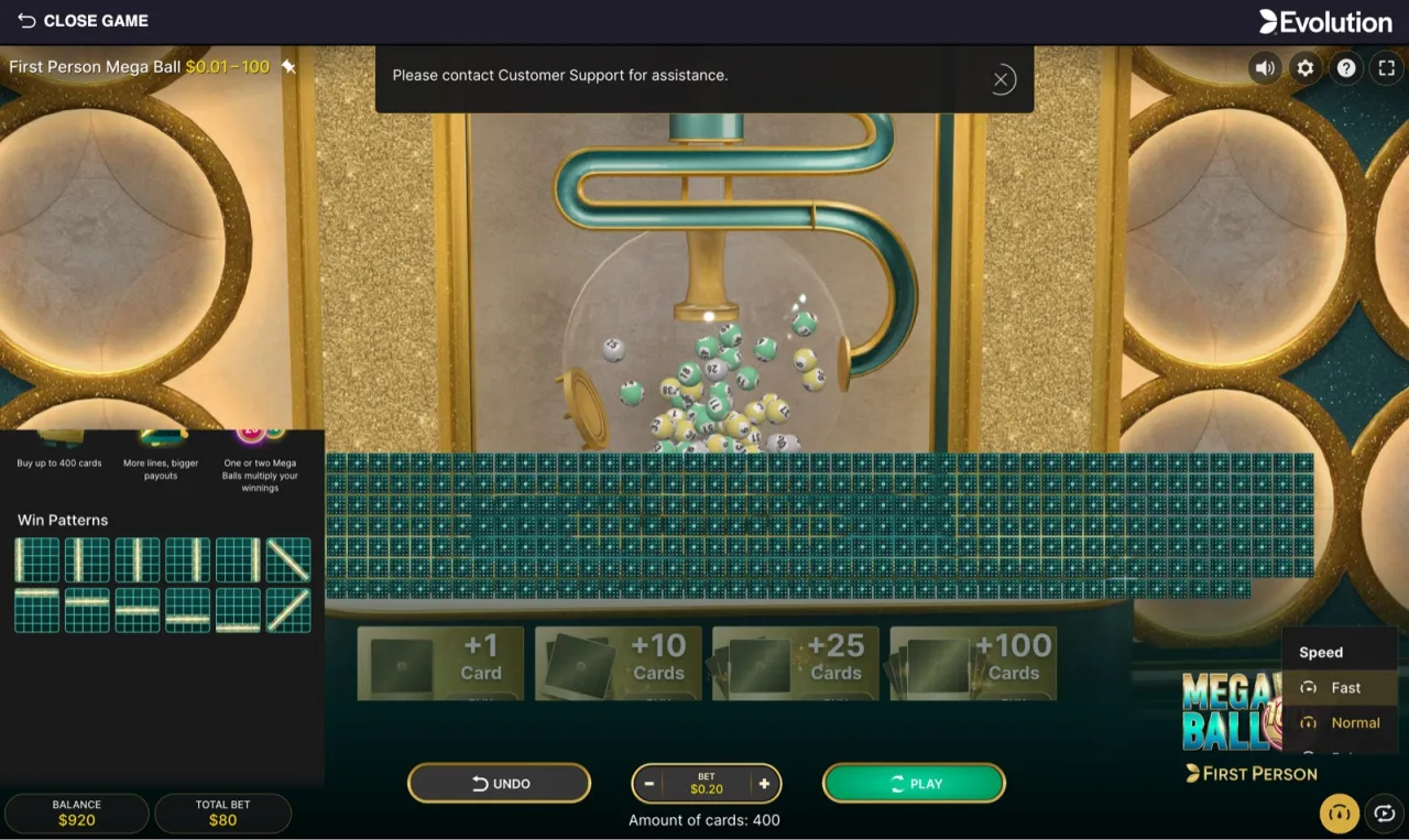 The betting setup for a round: 400 cards bought at $0.20 each for a TOTAL BET of $80, with the +1/+10/+25/+100 quick-buy buttons and a Fast/Normal speed selector below the green PLAY button.