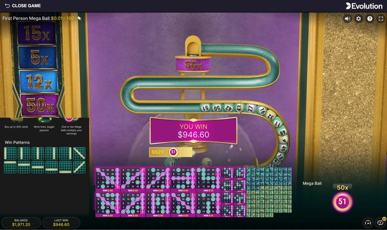 The session's biggest hit: a $946.60 win on Mega Ball #51 with a 50x multiplier completing patterns on 124 of the 400 cards; balance peaked at $1,971.20.