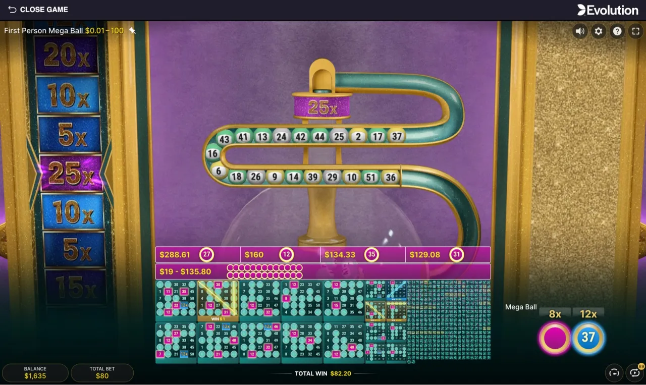 A rare two-Mega-Ball round resolving: the multiplier ladder spinning on the left, the 20 drawn balls listed across the top, and the winning cards showing their individual payouts in the breakdown beneath.