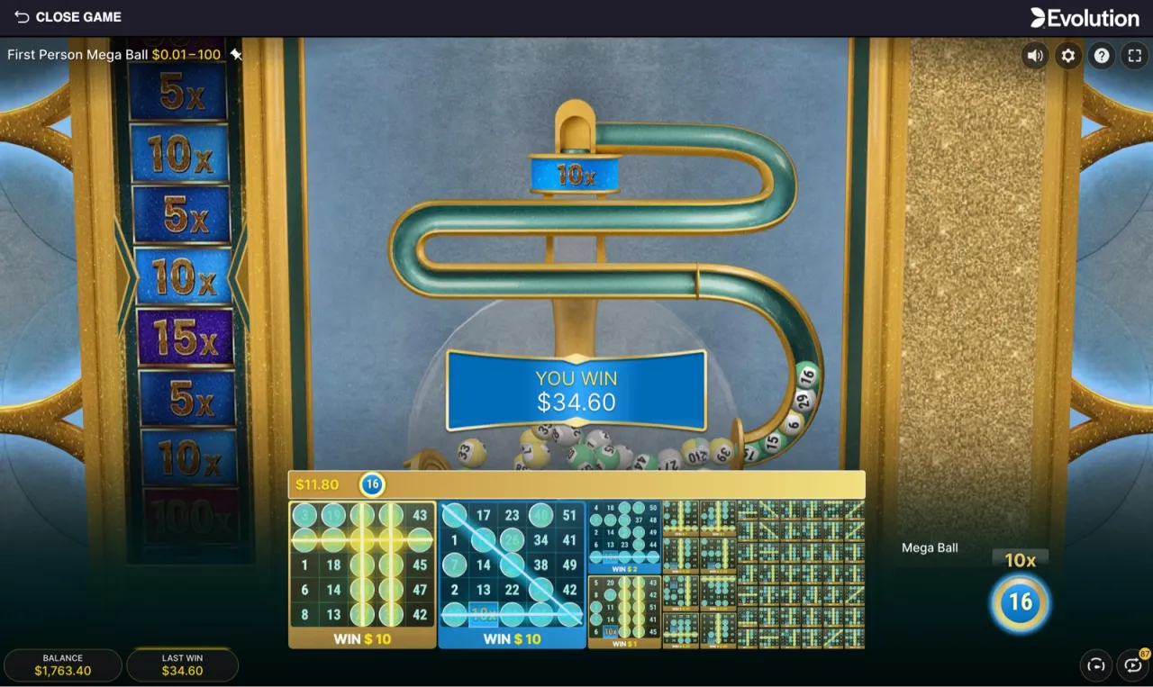 A round paying $34.60 on Mega Ball #16 at 10x, the left-side multiplier reel showing the ladder up to 100x.