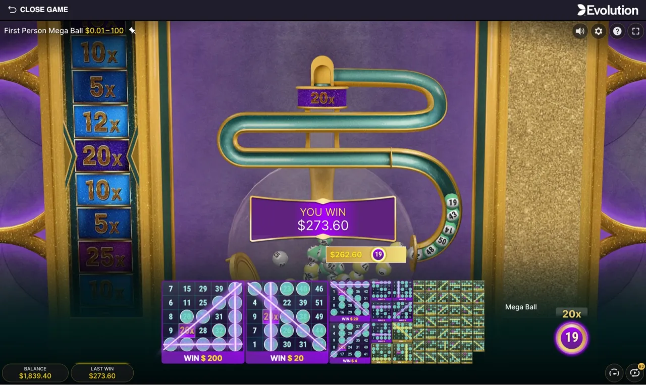 A bigger paid round: $273.60 on Mega Ball #19 at 20x, with one card hitting WIN $200 and the balance reading $1,839.40.