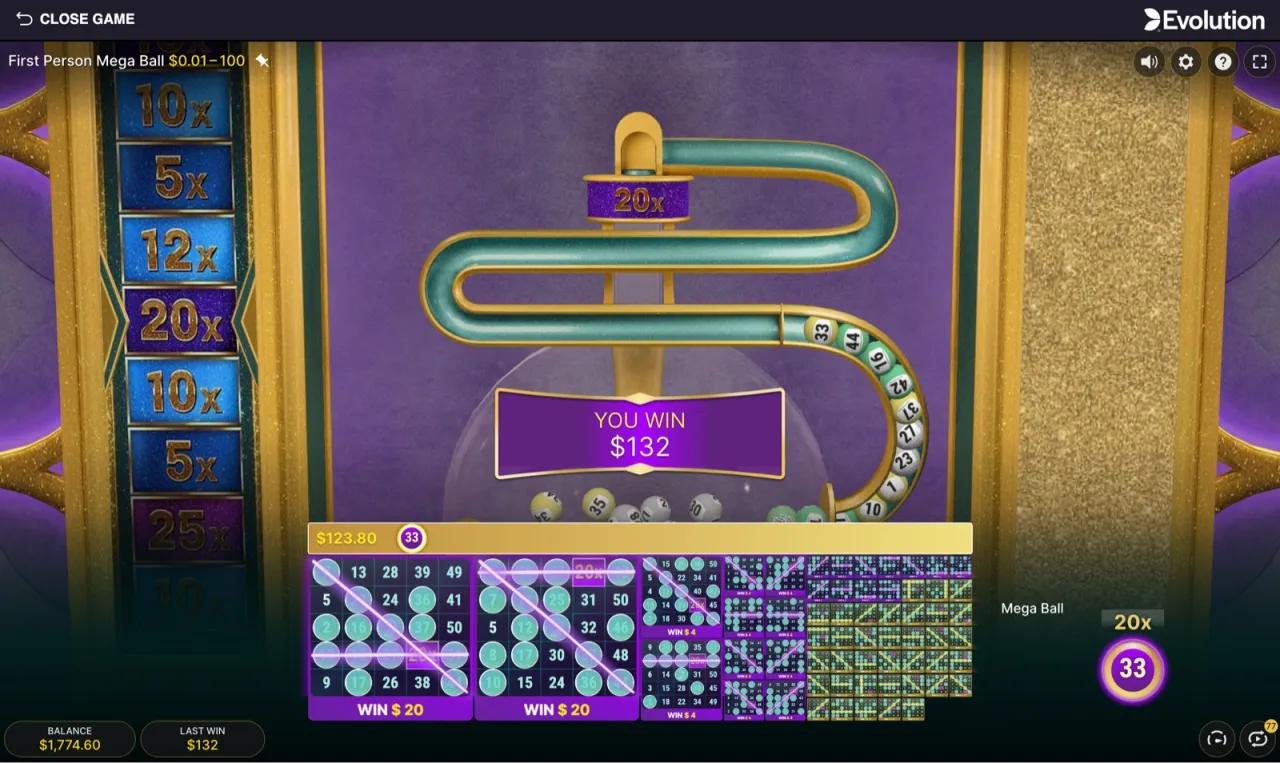 A round resolving at $132.00 on Mega Ball #33 with a 20x multiplier on the ladder.