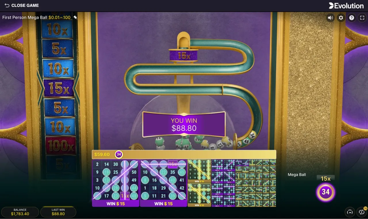 A smaller paid round: $88.80 on Mega Ball #34 at 15x, with winning cards marked WIN $15.