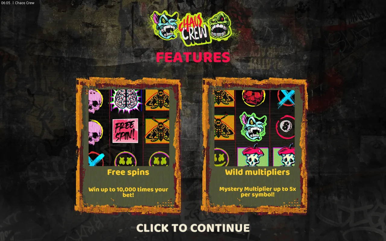 Chaos Crew load screen, a graffiti features card promising free spins worth up to 10,000x the bet and a mystery multiplier up to 5x per symbol