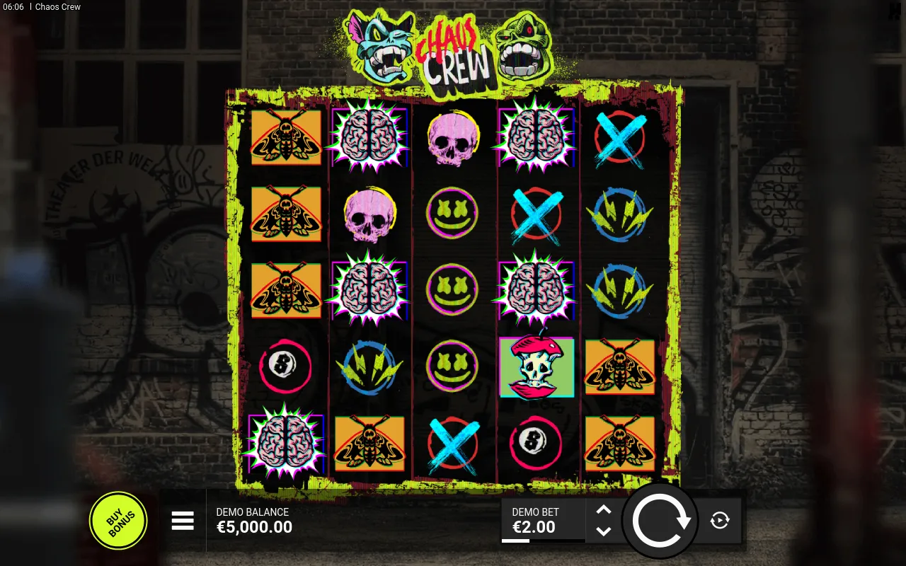 The idle 5x5 Chaos Crew grid against a back-alley brick wall, balance 5,000.00 and stake set to 2.00