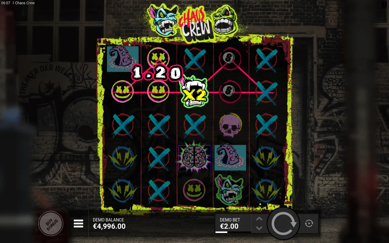 First spin paying 1.20 from a green crew-face wild carrying a 2x multiplier on the second row