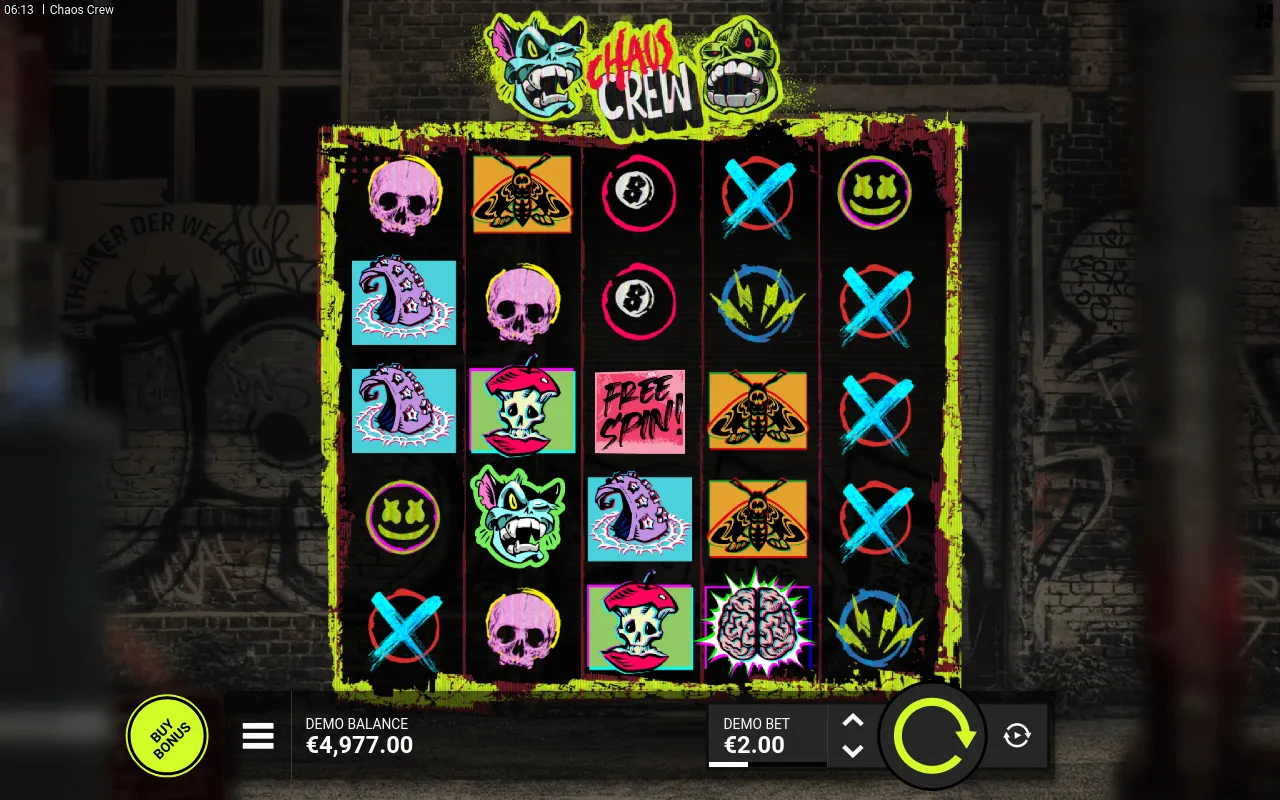 Two FREE SPIN scatter tags teasing on the centre column with the crew-face wild glowing alongside