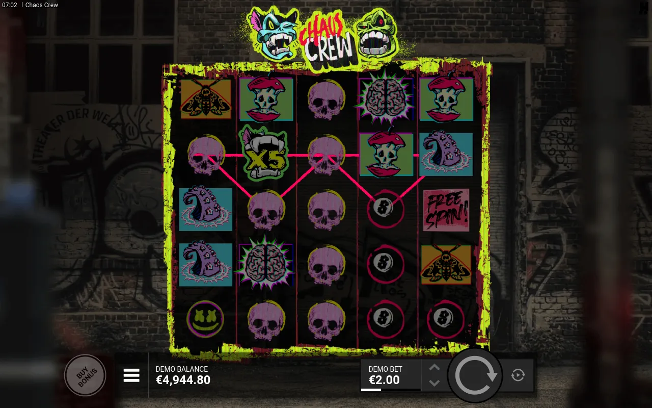 A red zig-zag payline through a column of skulls with a green crew-face wild stamped 5x in the middle