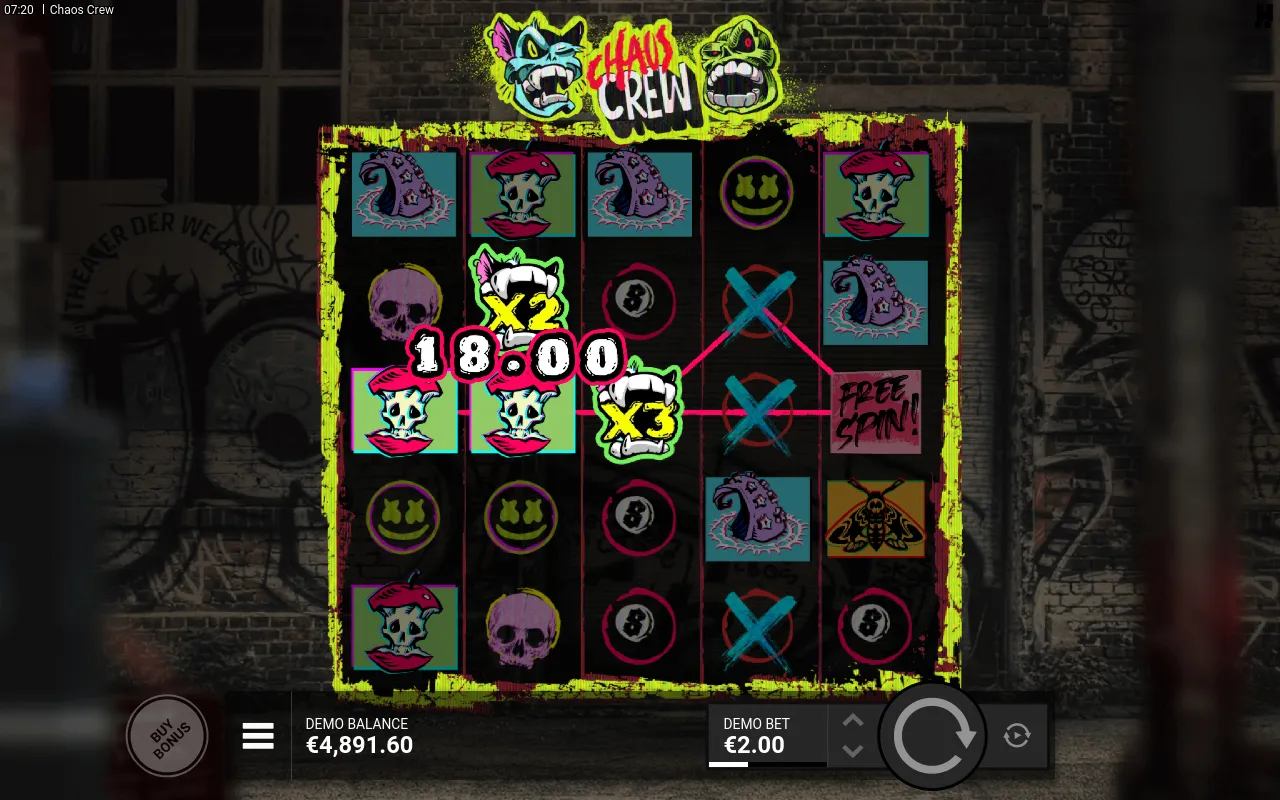 A settled non-winning grid late in the run, tentacle and skull tiles on the left, moth and 8-ball on the right