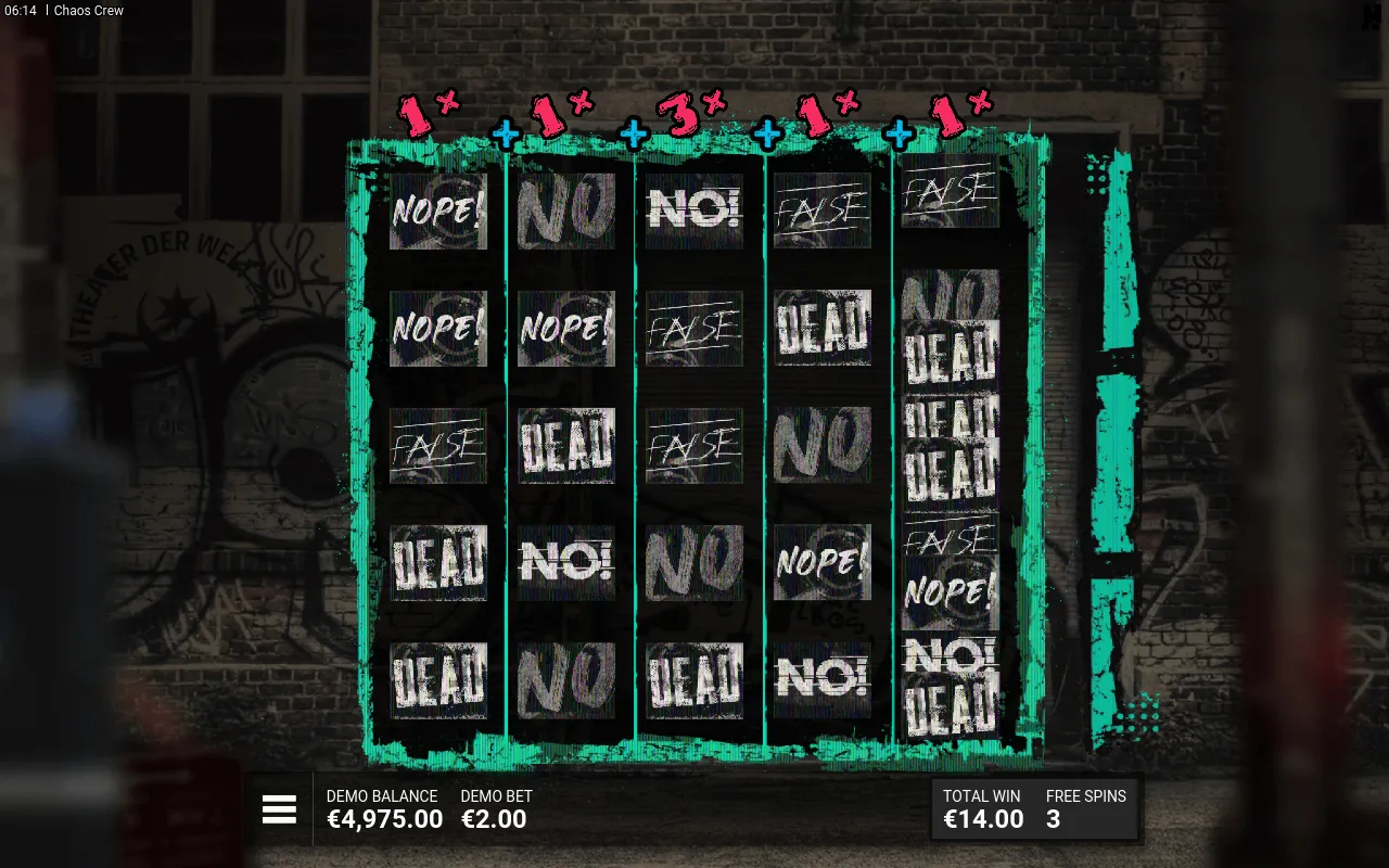 Inside the FEATURESPINS round, glitched word-tiles with column multipliers reading 1x, 1x, 3x, 1x, 1x and a running total of 14.00