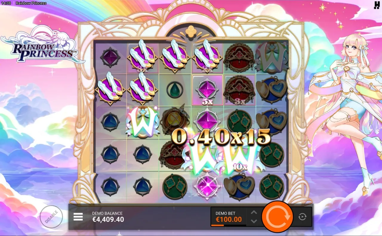 Rainbow Princess slot, 0.40x15 cascade