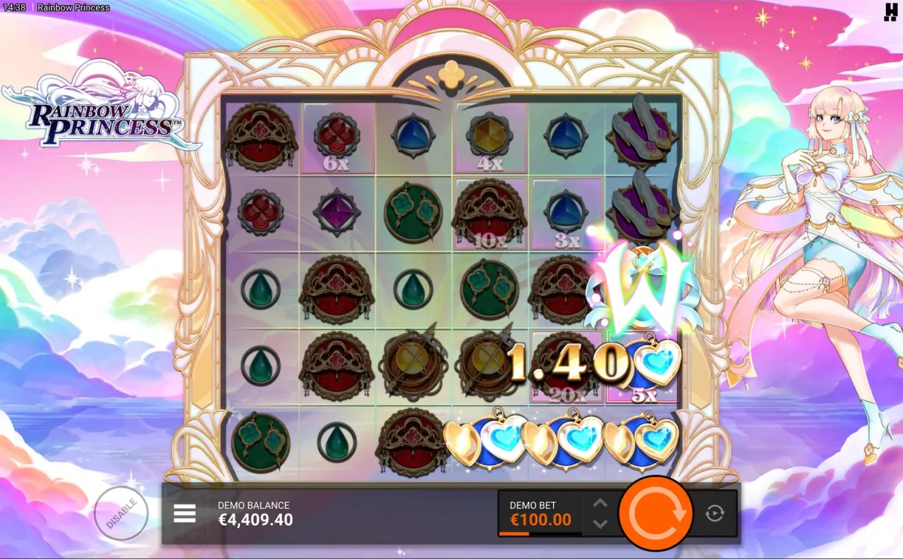 Rainbow Princess slot, heart cluster pays 1.40