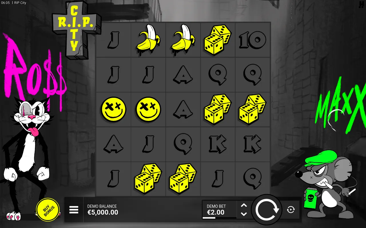 Opening 5x5 grid with Ross on the left, Maxx on the right and the BUY BONUS coin lower-left