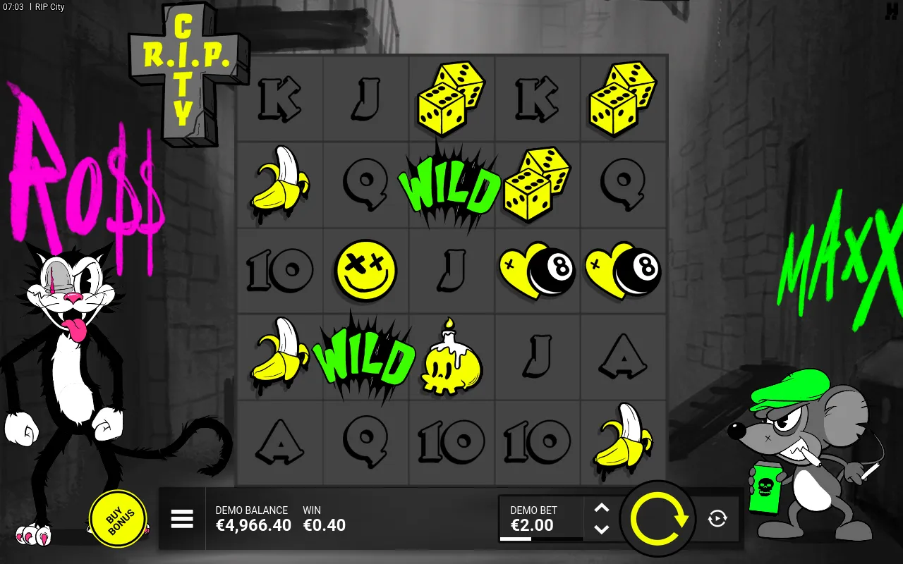 Two green WILD splashes on rows 2 and 4 beside dice and a dead-smiley face