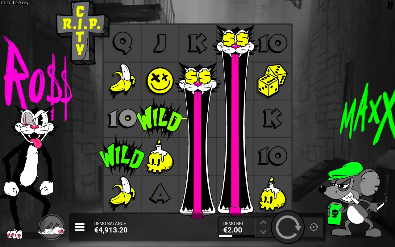 Twin Wild Cats standing across reels 4 and 5 with double WILD splashes on the left