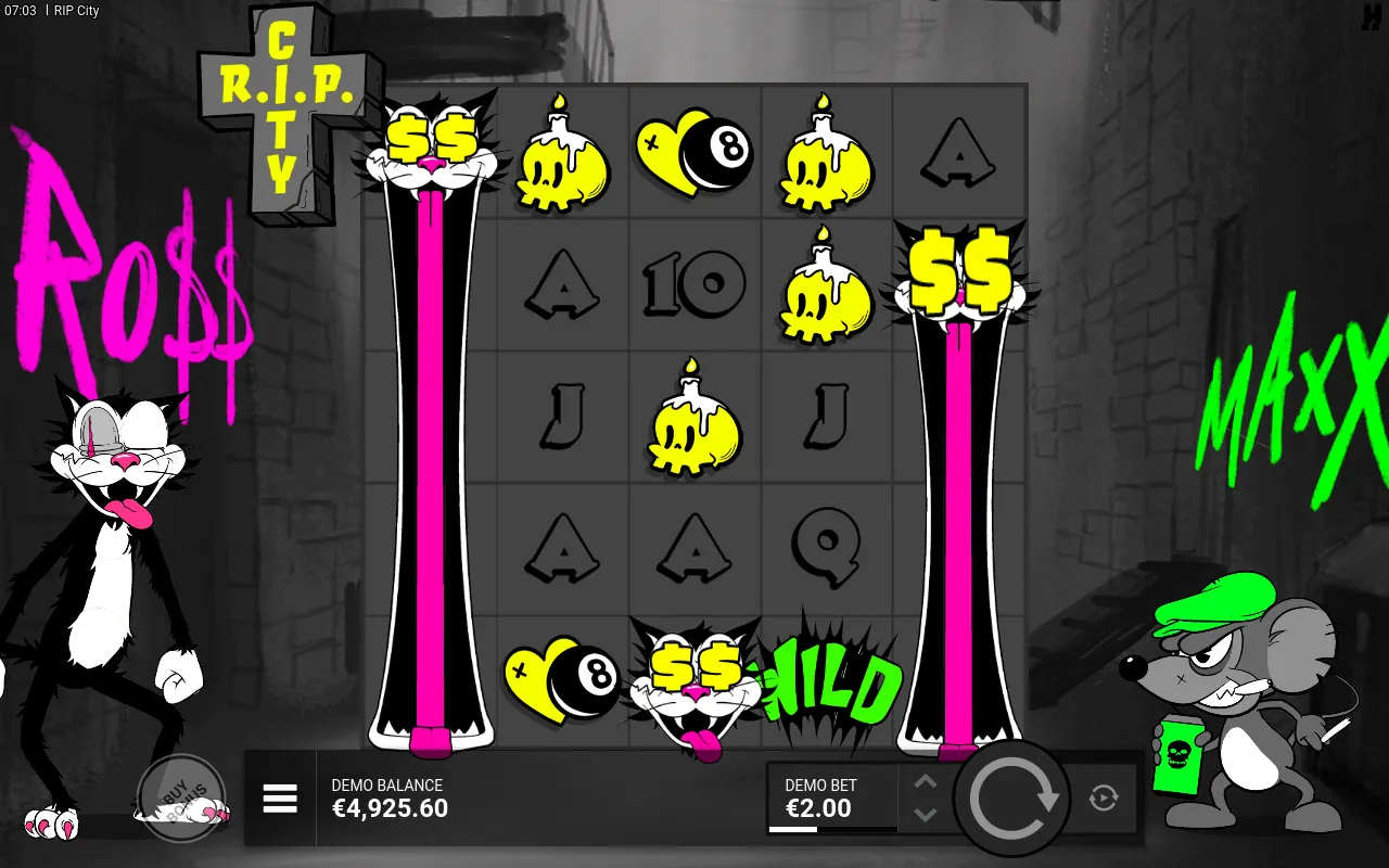 Two tall Wild Cats on reels 2 and 5 above a banana and skull-candle grid