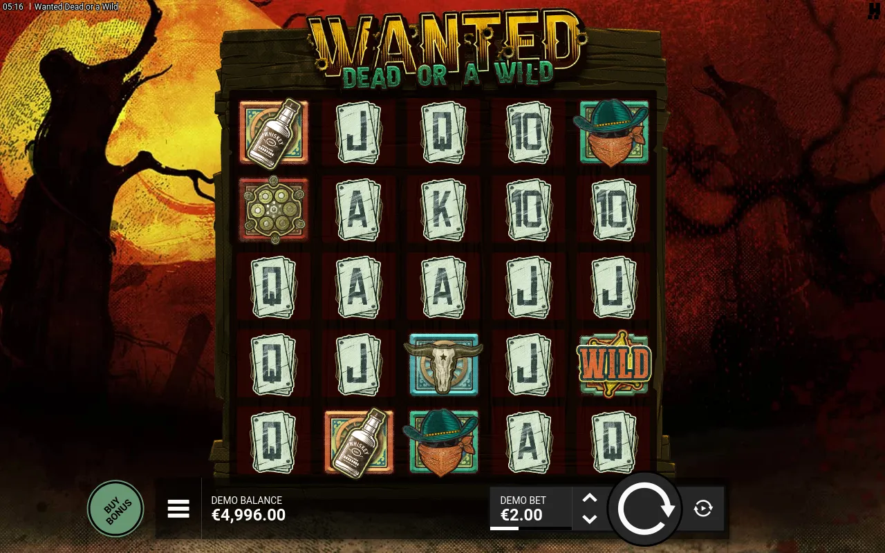 Opening five-by-five grid of card royals and whisky bottles with a sheriff WILD on reel five, bet set to 2
