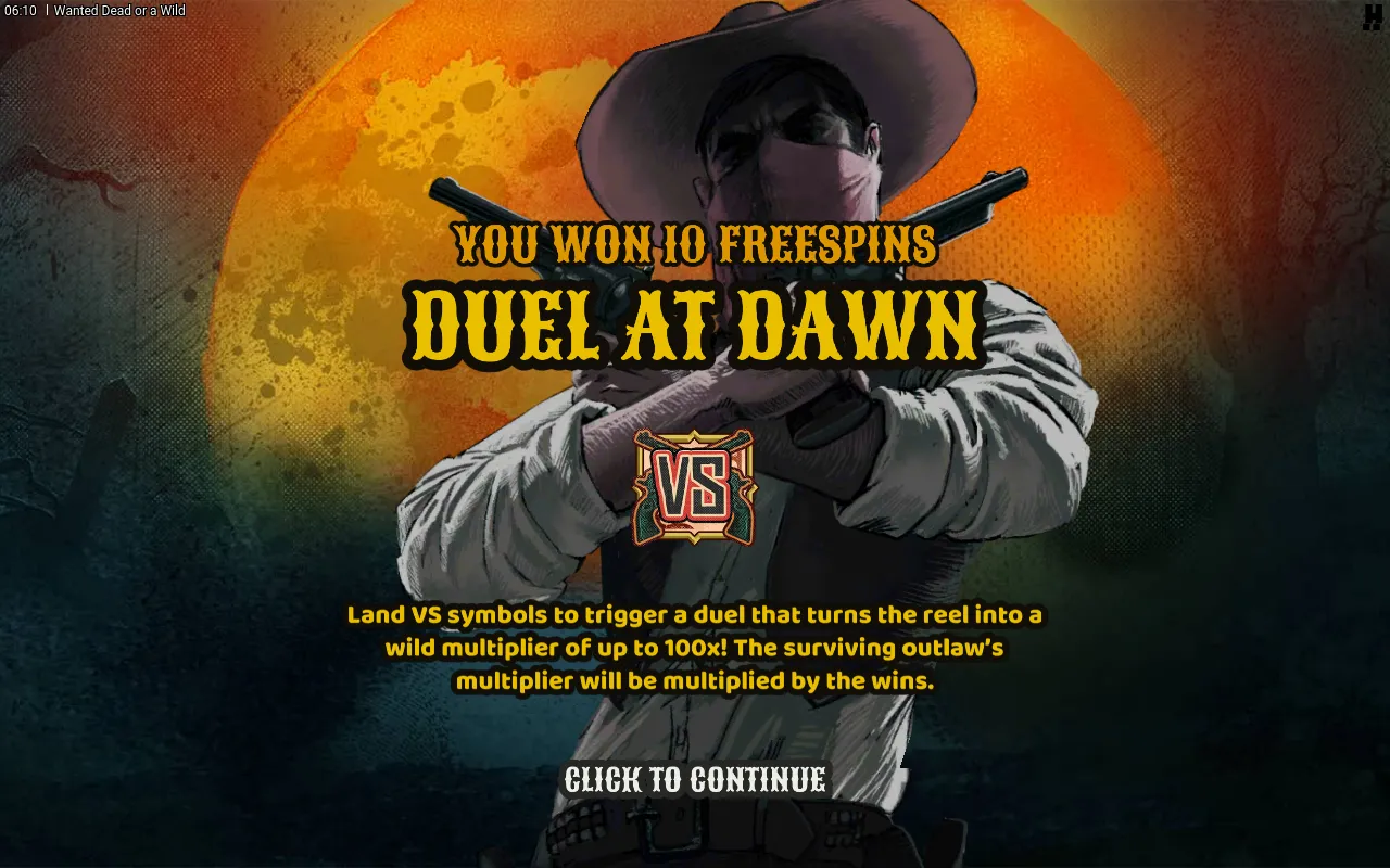 Duel at Dawn trigger card awarding 10 free spins, rules text noting VS symbols turn a reel into a wild multiplier up to 100x