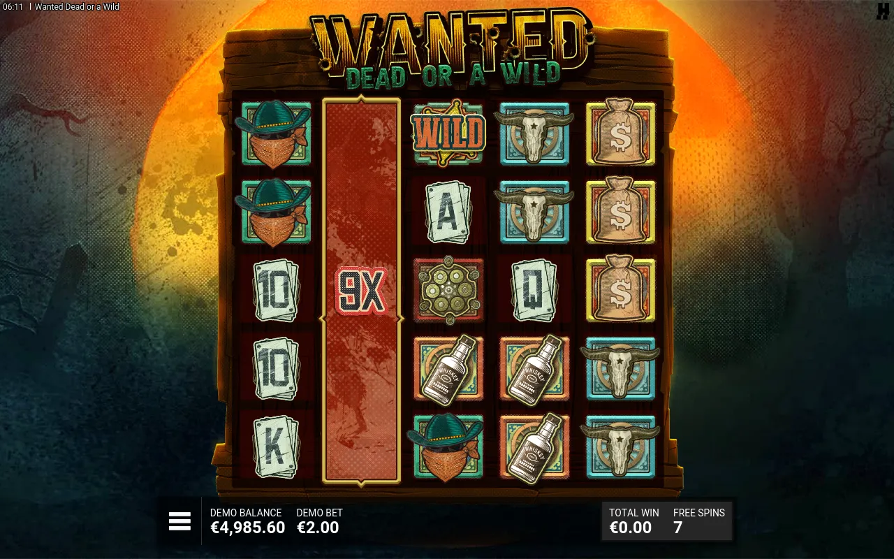 Reel two locked as a 9X wild-multiplier column during free spins, seven spins remaining