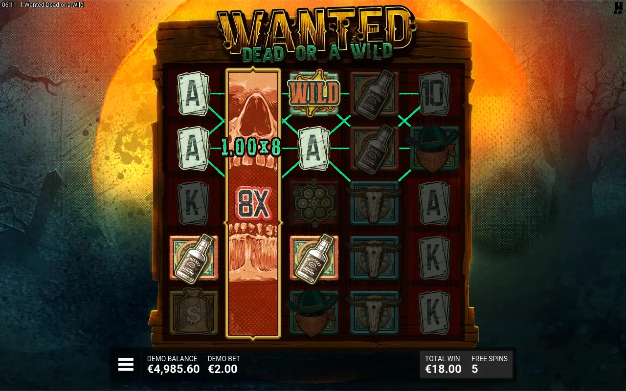 An 8X wild column applied to a winning line for an 8.00 pay, running bonus total at 18.00