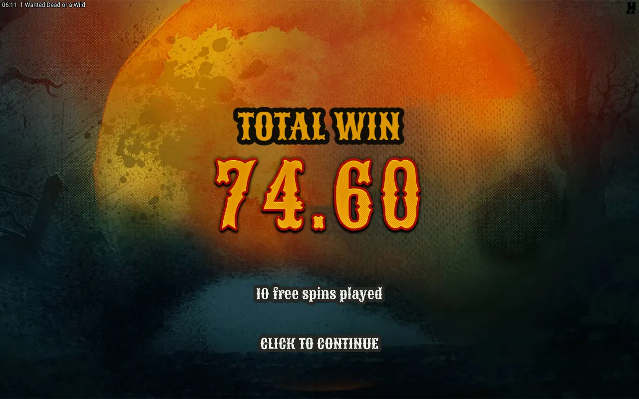 Second Duel at Dawn end card reading total win 74.60 across 10 free spins