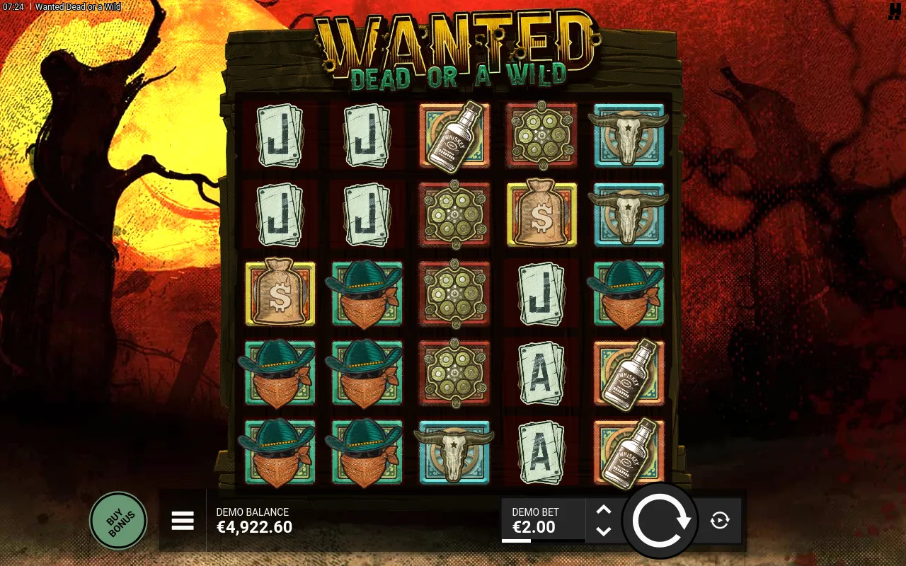 A settled base-game grid of bandit and card-royal symbols during a quiet stretch
