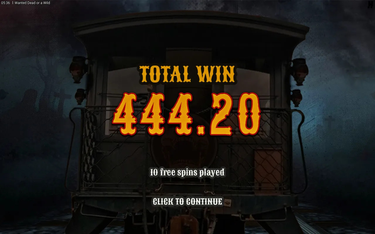 First Duel at Dawn end card reading total win 444.20 across 10 free spins