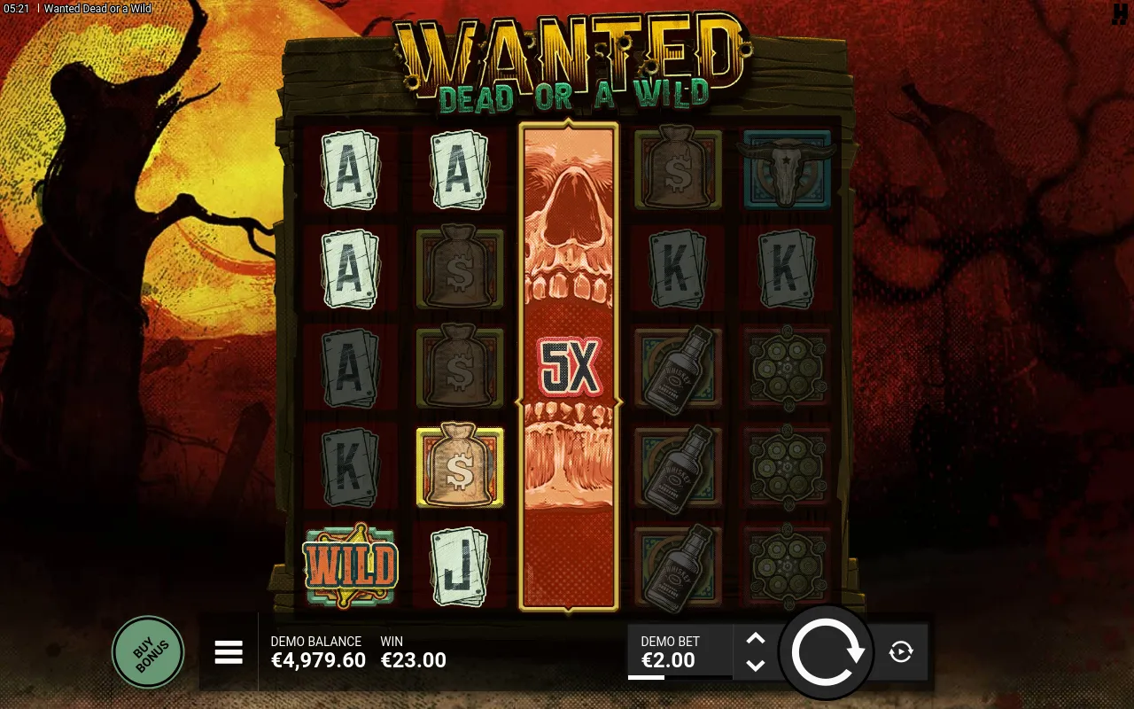A 5X wild-multiplier column down the centre reel driving a 23.00 base-game win