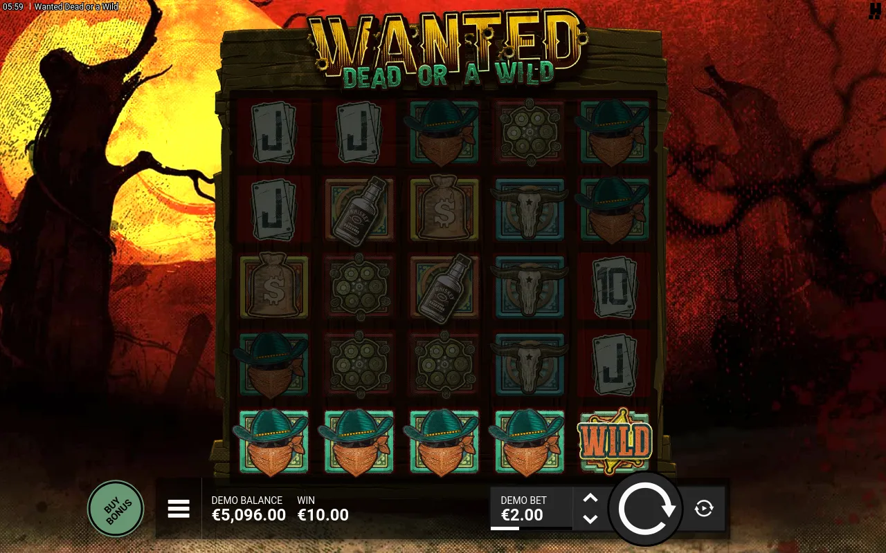 A full row of masked-bandit symbols with a sheriff WILD on reel five for a 10.00 pay