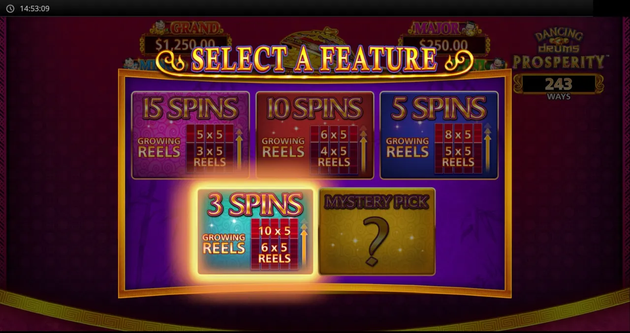 The five bonus options, 3 SPINS with 6x5 to 10x5 reels highlighted