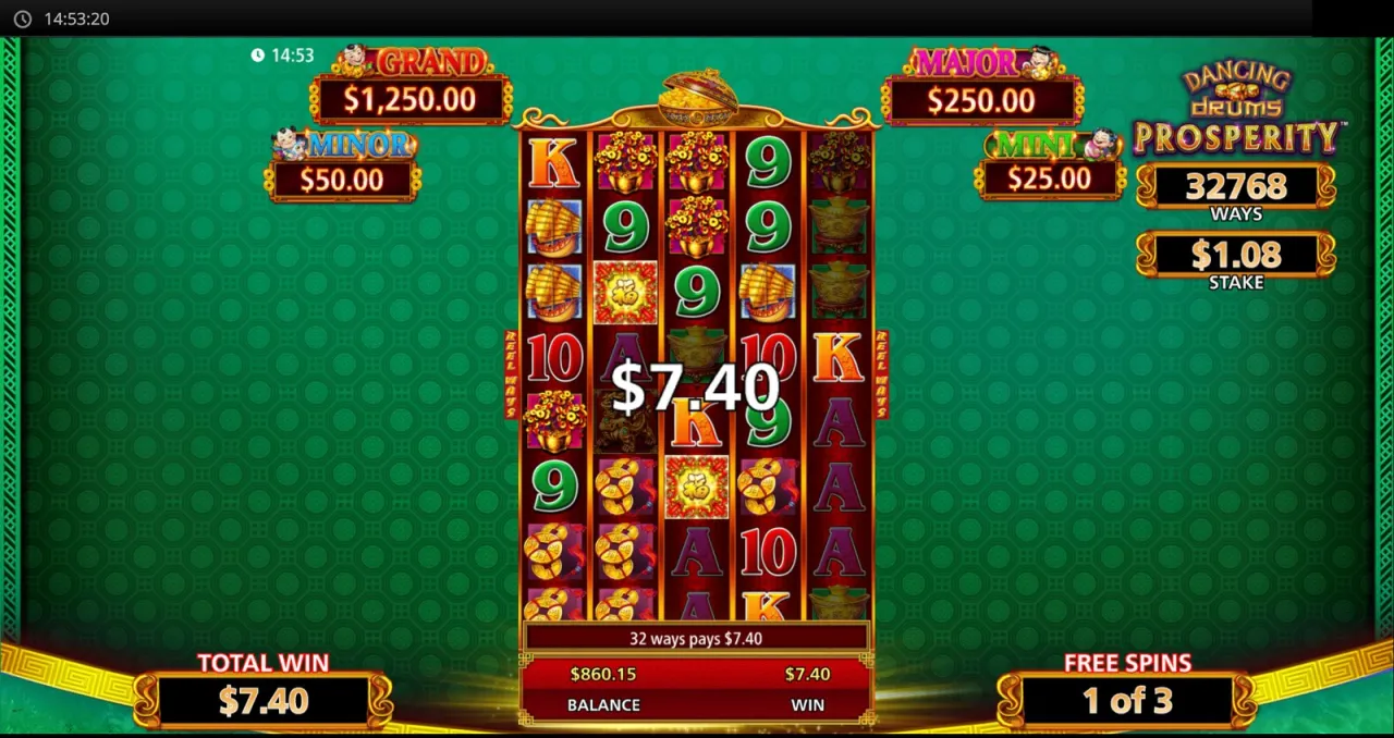 First bought spin at 32,768 ways, 32 ways pay $7.40