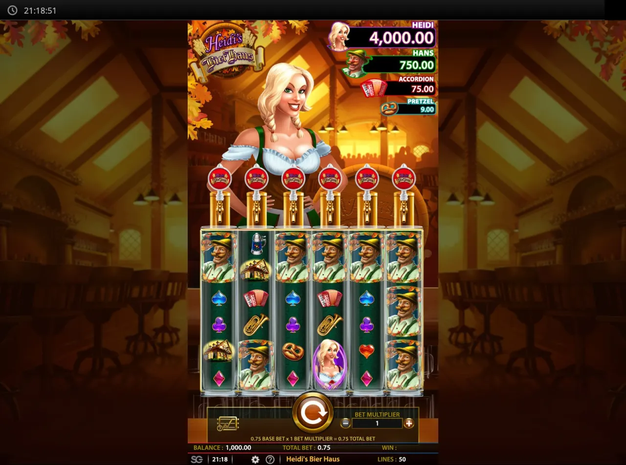Beer taps above the reels with four jackpot meters lit on the right