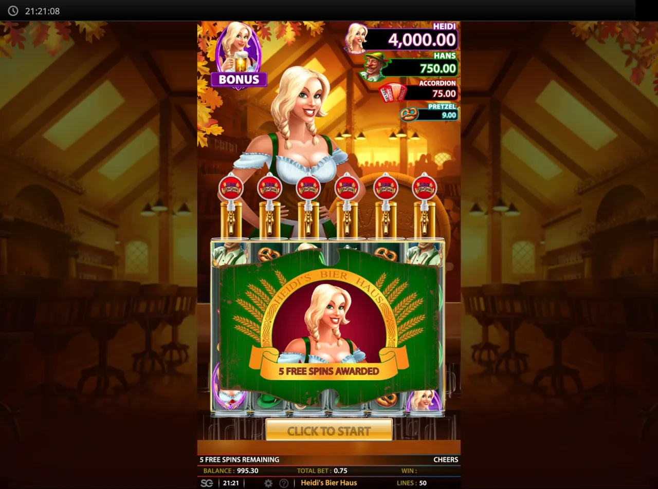 Green banner announcing 5 free spins awarded, one spin per symbol