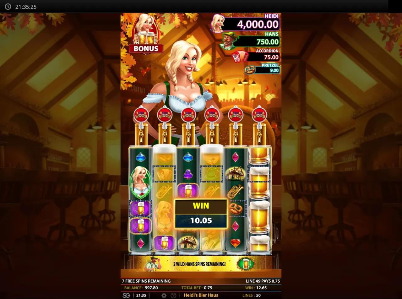 Win of 10.05 with the banner reading 2 Wild Hans spins remaining