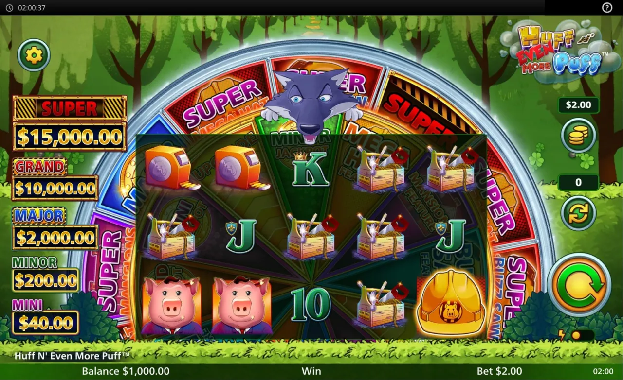 Base game with the wheel behind the reels and five jackpot meters down the left