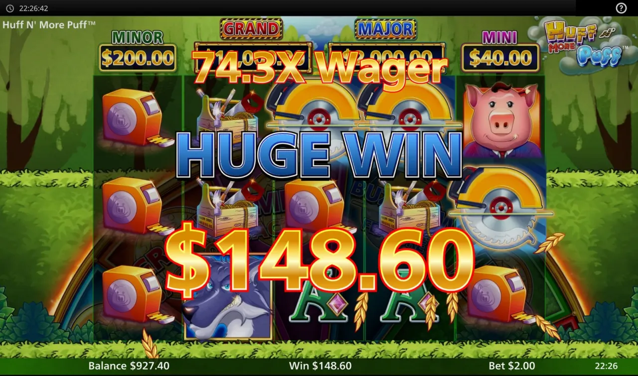 Huge Win banner reading $148.60 and 74.3X Wager over the reels as the feature closes