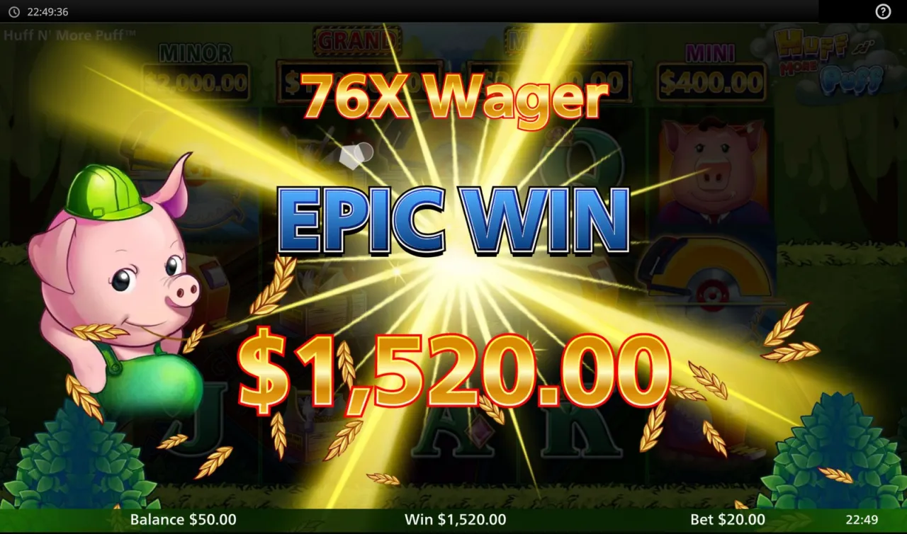 Epic Win banner reading $1,520.00 and 76X Wager at the close of the purchased feature