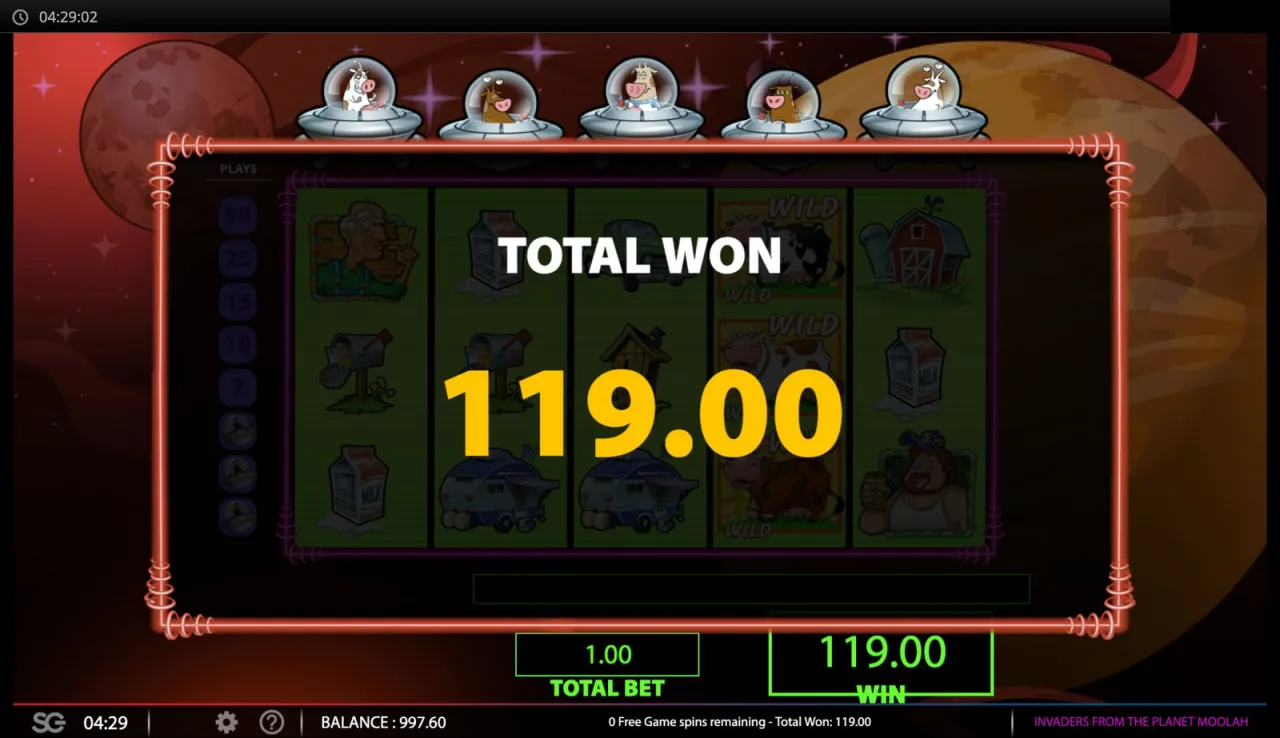 TOTAL WON 119.00 at the end of the round