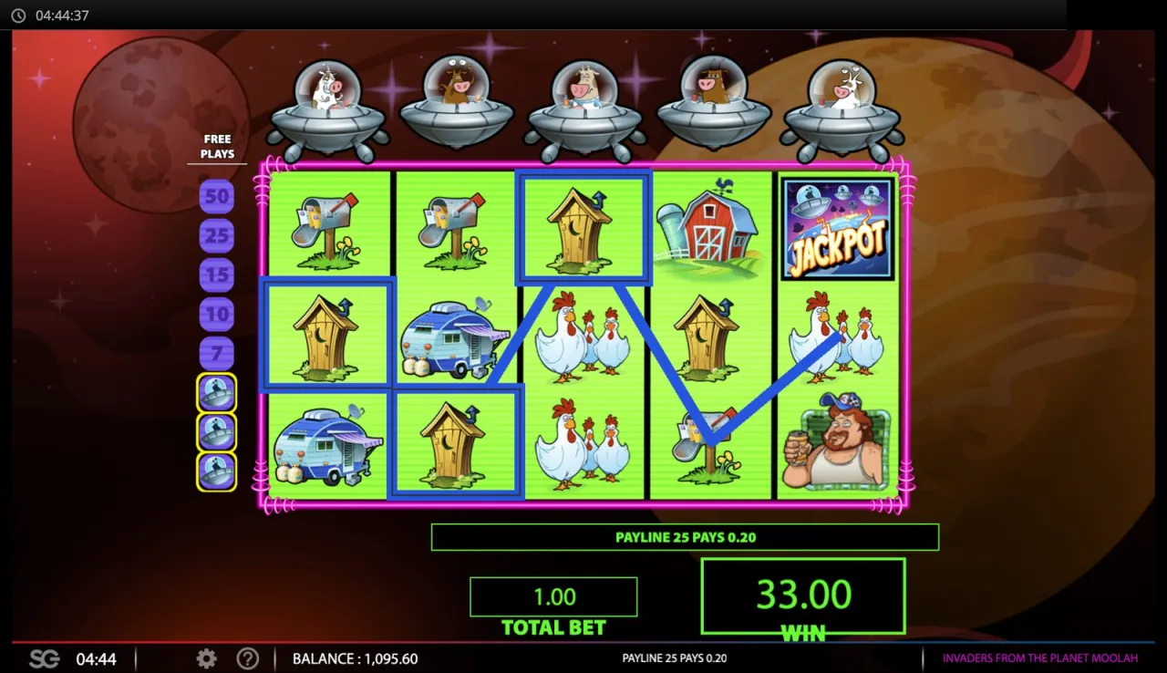 Payline 25 lit on the feature reels, WIN 33.00