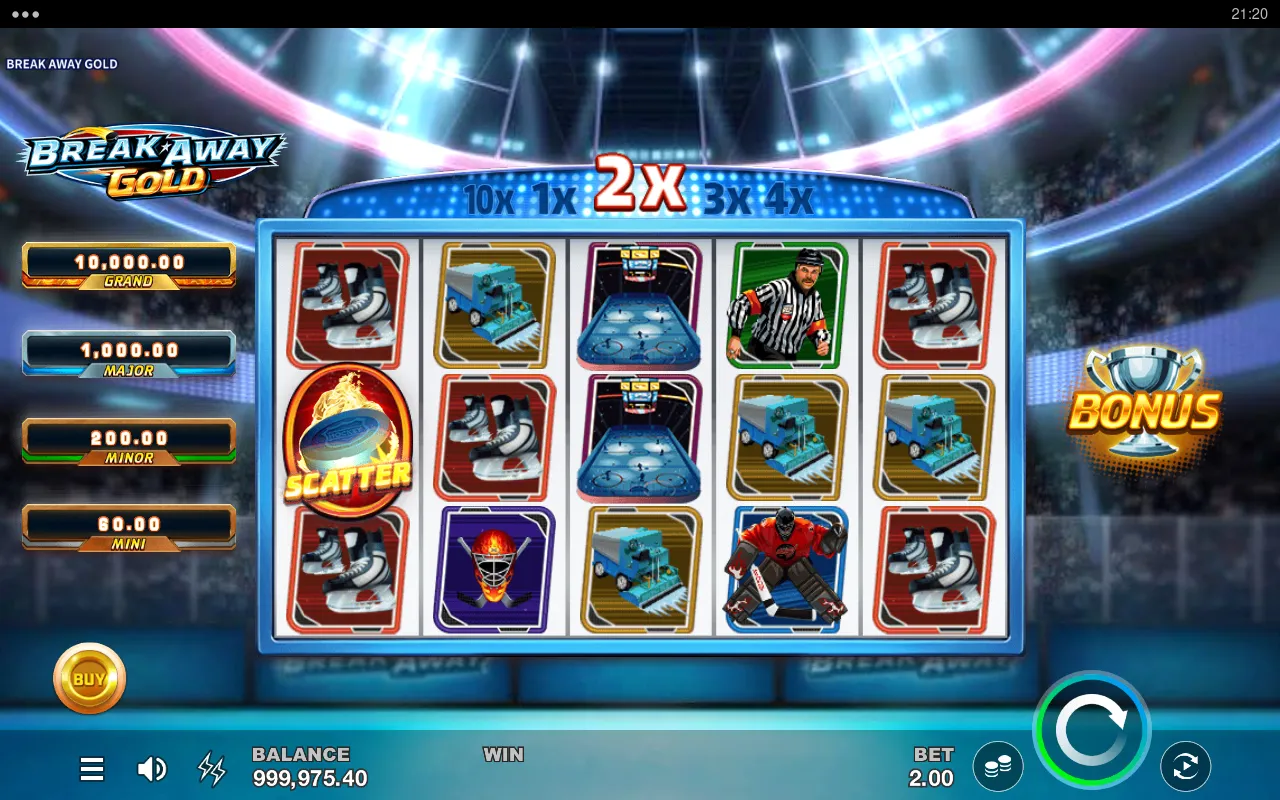 Multiplier ribbon showing 2x above the reels with a flaming puck scatter on reel one