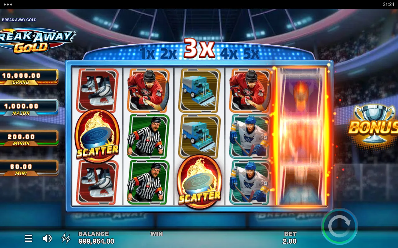 Multiplier ribbon at 3x with two scatters locked on reels one and three and reel five still spinning